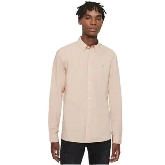 AllSaints Prospect Long Sleeve Button Down Shirt Peach Pink Men's size Small - Picture 2 of 8